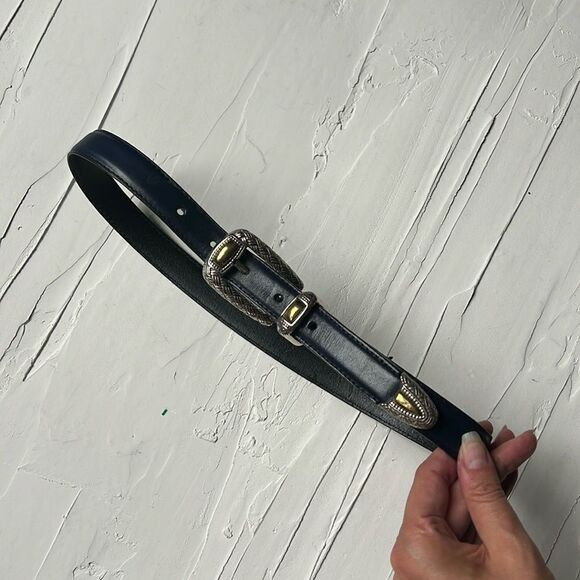 Vintage 90s 1992 Navy Leather Silver Belt Gold Details Brighton Leather Small - Picture 1 of 6